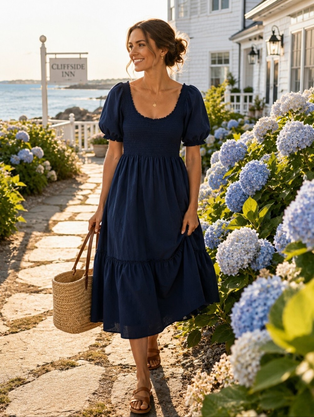 Hill House Home The Nap Dress Navy Blue Smocked Puff Sleeve Midi Dress Medium